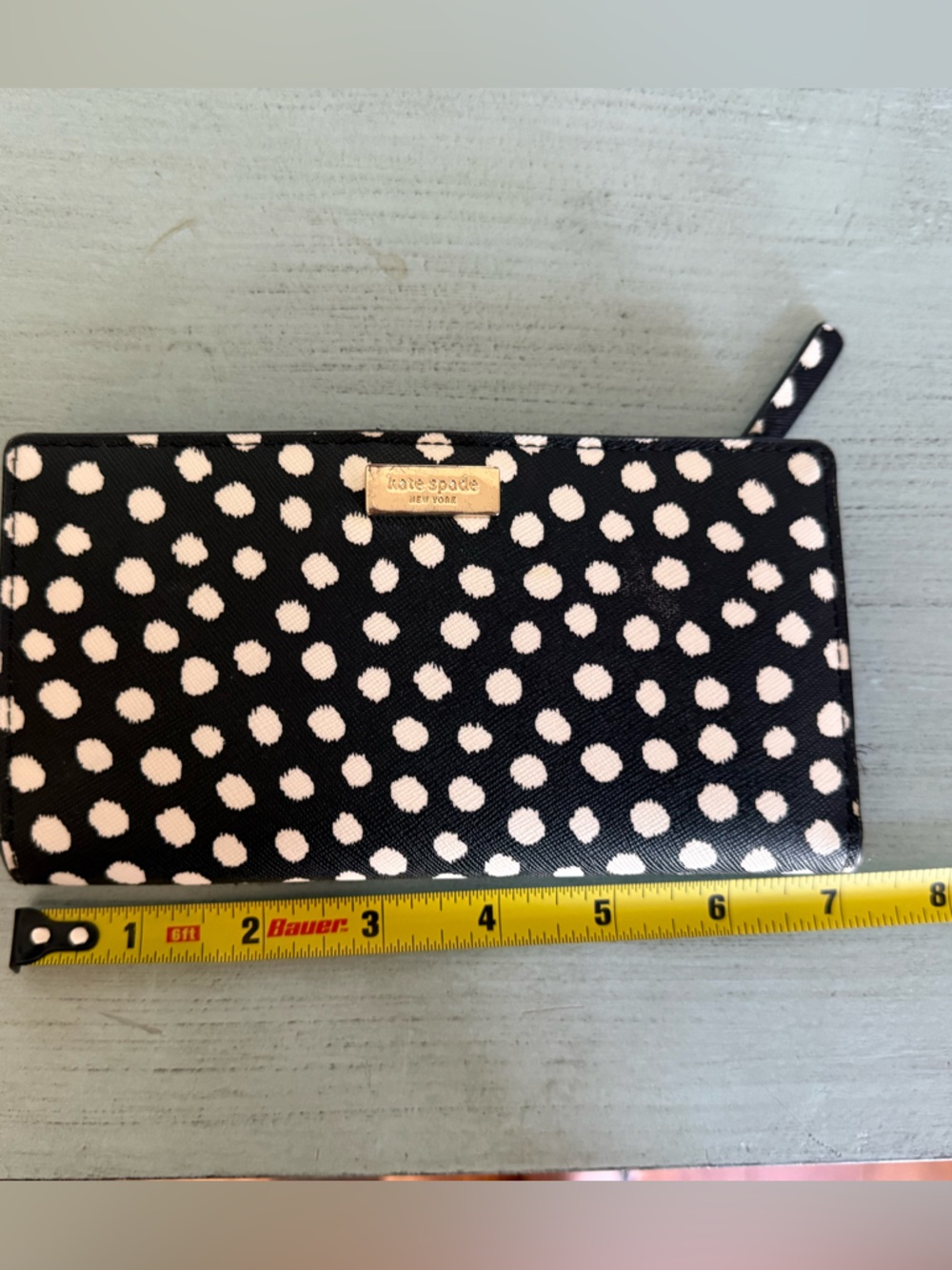 kate spade Black and White Polka Dot Zip Wallet with Gold Logo